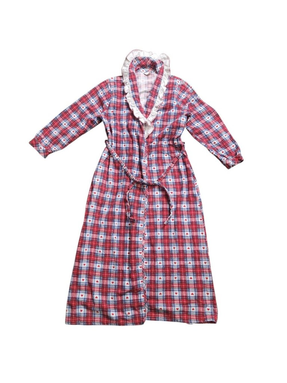 VTG Dominique 80's Plaid Hearts Ruffles Housecoat Robe Flannel Blue Red Small P